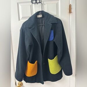 Mario De Pinto Black Wool Pea Coat Colorblock Pockets Women’s